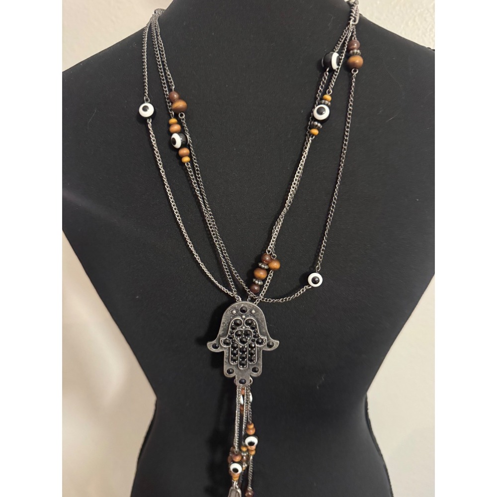 Y2k Hamsa Hand Evil Eye Multi Strand Long Necklace Boho Feather Tusk Bead Silver
